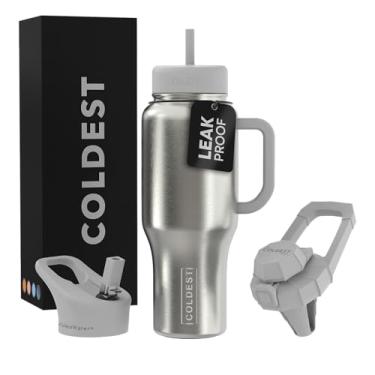 Imagem de Copo Coldest com alça e canudo - Copo isolado 100% à prova de vazamento com tampa e canudo (3 tampas) - Copos de aço inoxidável para mulheres e homens, base compatível com porta-copos, 1,020 g (aço