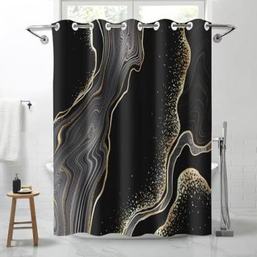 Imagem de Lnond Cortina de chuveiro de mármore preto dourado, luxuosa, impermeável, sem gancho, para banheiro, spa, banheira, 71 L x 74 C