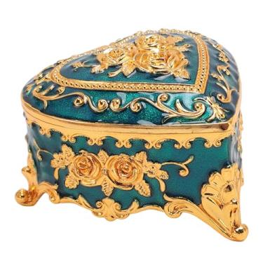 Imagem de Caixa de joias pequena em formato de coração, caixa decorativa vintage, recipiente de armazenamento de liga de zinco para acessórios e presentes (Azul)