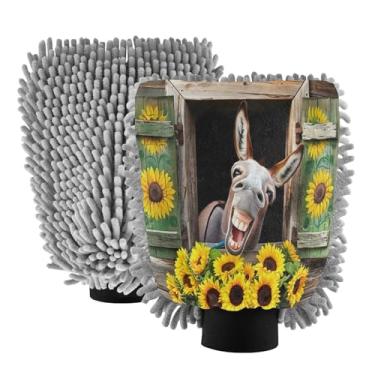 Imagem de STAYTOP Luvas engraçadas para lavagem de carro de burro e girassol, 2 peças, luvas de microfibra de chenille, sem arranhões, panos de esponja de lavagem ultra absorventes para carros, limpeza