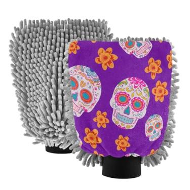 Imagem de STAYTOP Lindas luvas de lavagem de carro de caveira de açúcar, 2 peças, luvas de microfibra de chenille, sem arranhões, panos de esponja de lavagem ultra absorventes para carros, limpeza doméstica - G
