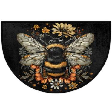 Imagem de Skerhhux Tapete de porta meio redondo de flor de abelha preta, antiderrapante, macio, semicírculo, lavável, meia lua, capacho de entrada de boas-vindas para uso externo, interior, quarto, banheiro