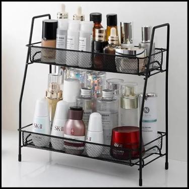 Imagem de Organizador de Mesa Multiuso 2 Andares Aramado - Prateleira para Escritório Cozinha Quarto Banheiro Maquiagem Porta Treco Premium Preto