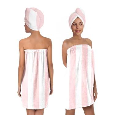 Imagem de BaBakiak Conjunto de envoltório de banho listrado rosa branco com turbante de cabelo, envoltório de toalha de spa padrão rosa e branco, roupão de toalha para mulheres