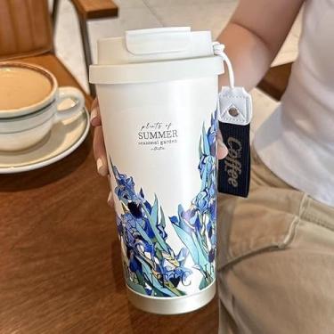 Imagem de Xícara de café térmica de flor de íris de 16 oz | Portátil para escritório/exterior | Copo de canudo duplo para bebida
