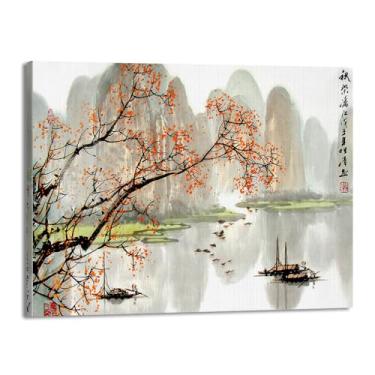 Imagem de Arte de cenário japonês, impressão floral, pintura a tinta, barco, pássaro, pôsteres em tela, decoração asiática, arte de parede japonesa para decoração de sala de estar e quarto (SKU4,40,6 x 50,8 cm