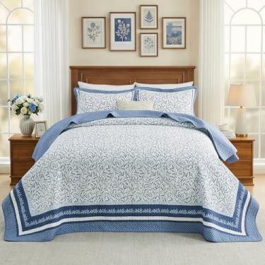 Imagem de CozyStitch Colcha de cama floral 325 x 304 cm California King, 100% algodão, GG, grande, com 2 fronhas, conjunto de colcha leve acolchoada para fazenda, branco/azul, 3 peças