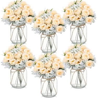 Imagem de Ninehaoou Conjunto de 6 conjuntos de flores falsas com vaso de flores artificiais de rosas de seda com buquês artificiais de hálito de bebê, decoração rústica de casa de fazenda para casa, mesa, festa