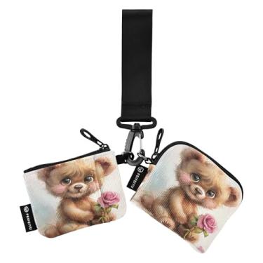Imagem de Carteira feminina com estampa de gatos fofos em flores, bolsa dupla destacável, porta-chaves, porta-chaves, Lindo ursinho de pelúcia, one size