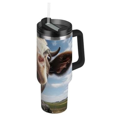 Imagem de Copos engraçados com impressão de vaca Yell com tampa e canudo Garrafa de água de aço inoxidável isolado 1,134 g copo com alça grande caneca de café quente para carro