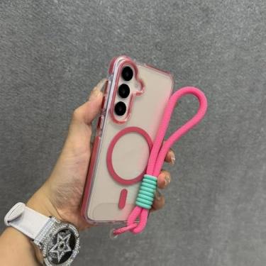 Imagem de Capa transparente com alça de pulso magnética para carregamento, compatível com Samsung A56, A36, A25, A05, A15 e Galaxy S24 Ultra e S25 Plus. Cor: Vermelha (GS). Também compatível com Galaxy A06