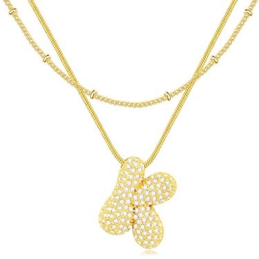 Imagem de Colares femininos banhados a ouro 14K com pingente inicial em camadas com monograma de bolhas de zircônia cúbica, pingente ajustável, corrente de cobra, empilhável, personalizada, não mancha, presente