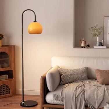 Imagem de Luminária de chão com cúpula de vidro laranja, estilo clássico, decorativa, com base de mármore polido, ideal para leitura em ambientes internos. Perfeita para cantos de sofás, com interrupt