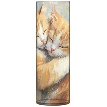 Imagem de Vaso cilíndrico buquê de flores gatos fofos abraçando lindo vaso alto plástico personalizado exclusivo floral decoração moderna, 30 cm x 9,9 cm