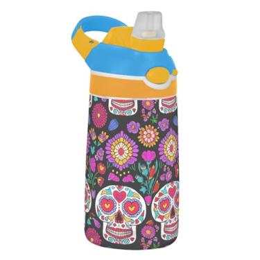 Imagem de Garrafa de água colorida de flor de crânio de açúcar preta infantil com canudo 473 ml 473 ml Garrafa de água de plástico Tritan à prova de vazamento, copos de viagem portáteis para crianças