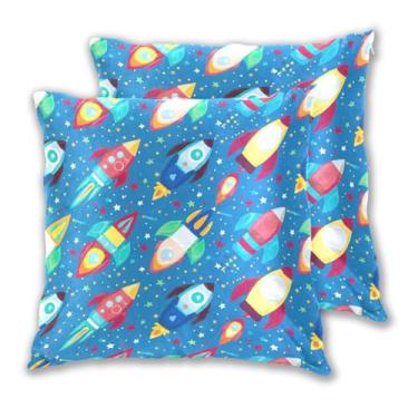 Imagem de Joitme Conjunto de 2 capas de almofada coloridas de desenho animado foguete azul azul, capa de almofada fofa para sofá, sofá, quarto, 40,6 x 40,6 cm, 2 peças