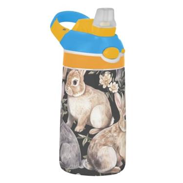 Imagem de Garrafa de água esportiva infantil Tritan de 473 ml com tampa de canudo garrafa de água à prova de vazamento para escola reutilizável copo infantil de 473 ml, alça de transporte, coelhos pintados