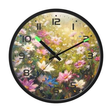 Imagem de SEHANY Herb Wildflower Relógio de parede silencioso sem tique-taque relógio redondo operado por bateria 30 cm controle de som luz noturna relógios de parede para sala de estar, cozinha, quarto