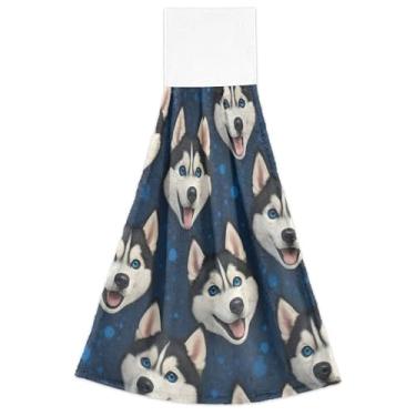 Imagem de Joisal Toalhas de mão para pendurar no outono com cabeças de cachorro de desenho animado azul escuro forno toalhas de dedo conjunto de 2, toalha de mão de cozinha fofa ultra absorvente, 46 x 35