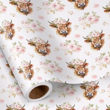 Imagem de RUSPEPA Rolo de papel de embrulho Highland Cow, mini rolo, design floral rosa blush de vaca Highland, embrulho de presente rústico bonito para meninas, crianças, aniversário, chá de bebê, dia das mães