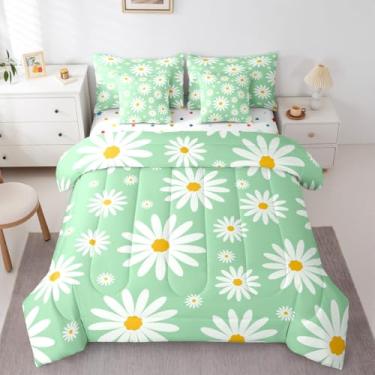 Imagem de Erosebridal Conjunto de cama solteiro com estampa de flores de desenho animado, margarida verde e branca em uma bolsa para crianças, meninas e adolescentes, conjunto de edredom floral descolado, com