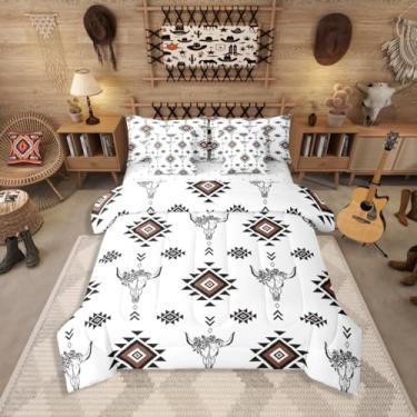 Imagem de Jogo de cama queen sudoeste asteca de 7 peças, cama rústica de caveira de touro, branco, preto, marrom, tribal, inclui edredom, conjunto de lençol, fronhas e fronhas, decoração de quarto geométrica