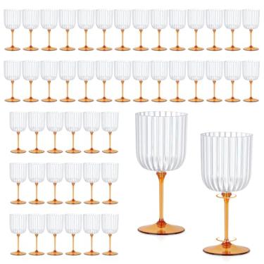 Imagem de 48 peças de taças de vinho com nervuras de plástico de 325 ml transparente e âmbar destacável cálice de vinho inquebrável vintage ondulado copos de água para coquetéis, festas, casamentos, piscina, ao