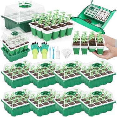 Imagem de Bandeja de silicone reutilizável para iniciantes, kit de sementes de 96 células com cúpula e tampa ajustáveis de umidade, 8 pacotes de bandejas de germinação de plantas com kit de germinação de