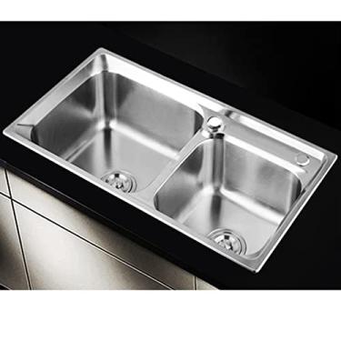 Imagem de Pia de cozinha, pia de barra de aço inoxidável de encaixe duplo, pia de estação de trabalho, pia de cozinha de aço inoxidável com montagem inferior de 81 cm, combo A-81 x 43 x 22,5 cm
