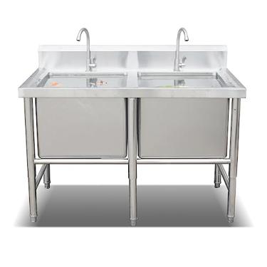 Imagem de Pia utilitária com 2 compartimentos, pia utilitária comercial de aço inoxidável, pia de preparação de cozinha para restaurante, cozinha, lavanderia, ao ar livre, 99.8 cm L x 39.9 cm P x 95.0 cm A