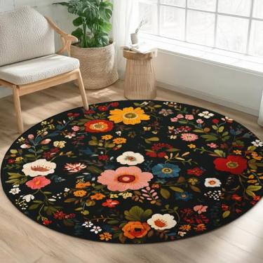 Imagem de Tapete redondo floral de 1,5 m, lavável à máquina, preto, vintage, boêmio, folha, neutro, redondo, tapete antiderrapante com pelo baixo, tapete de piso interno para sala de estar, quarto, cozinha