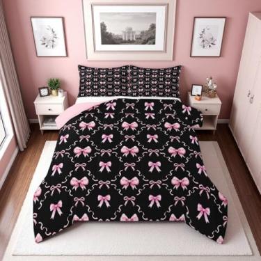 Imagem de Erosebridal Conjunto de edredom solteiro de gravata borboleta rosa e preta para meninas | Jogo de cama com laço rosa fofo para crianças e mulheres, decoração de quarto de princesa, 1 fronha
