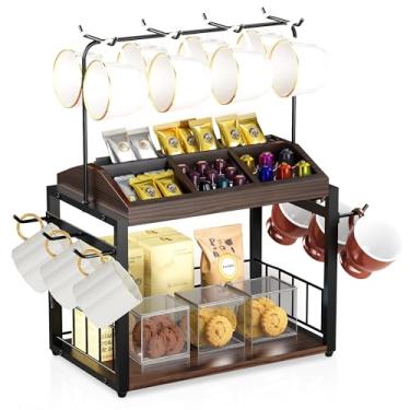 Imagem de IUMLXJO Organizador de acessórios de barra de café de 2 níveis, suporte de madeira para canecas de café com caixa de 6 xícaras de café, 14 ganchos, organizador de prateleira de cozinha de metal para