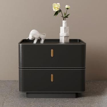 Imagem de Modern Wooden Nightstand, Wrapped in PU Leather, Featuring a Double-drawer Storage Design, a Stable Base, Silent Rails, and Rounded Corners, Suitable for Bedrooms(Black,50 * 40 * 50cm/20 * 16 * 20in)