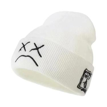 Imagem de Gorro Unissex Estilo Hip-Hop Bordado De Lã Quente Com Expressão Triste