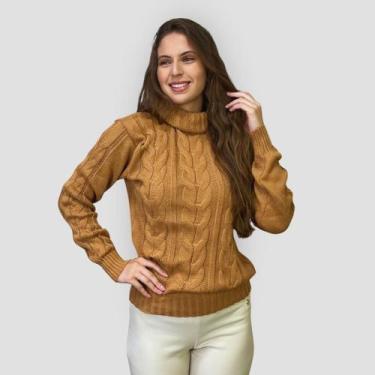 Imagem de Blusa Feminina Tricô Gola Alta Manga Longa Básica Trança Lã - EXPOSIÇÃ