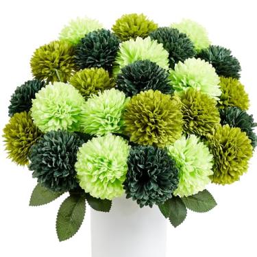 Imagem de SITUMEIZI 12 peças de crisântemos artificiais verdes flores bola flor falsa mães seda para casamento casa cozinha decoração arranjo floral (leve, profundo)