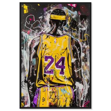 Imagem de Arte de parede esportiva em tela de jogador de basquete grafite amarelo por Notoriart, moldura preta, 25,4 cm x 38,1 cm