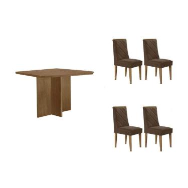 Imagem de Sala Jantar Mesa Berlim Tampo Curvo 90cm+4 Cadeiras Pietá Madeira Naturale - Capuccino/Linho Capuccino - Rufato