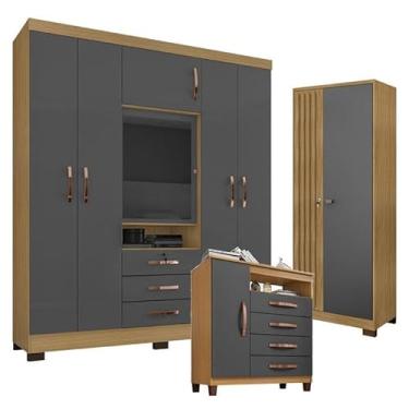 Imagem de Guarda Roupa Casal Imperial e Cômoda Sapateira Cannes com Armário Multiuso Versatile Carvalho Americano Grafite - Incorplac