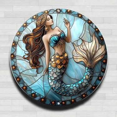Imagem de Placa de parede redonda de metal de alumínio rústico vintage sereia de vitral, 20 cm, presentes e decoração para casa, escritório, café e quintal