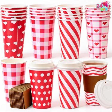 Imagem de JOYIN 24 peças de copos descartáveis de Dia dos Namorados com manga e tampa para lembrancinhas de festa infantil, prêmios de troca de sala de aula, sacolas de brindes dos namorados