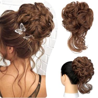 Imagem de Rabo de cabelo bagunçado, rabo, penteado despenteado, com gavinhas, ondulado, cacheado, coque, rabo-de-cavalo, elásticos para mulheres, castanho claro