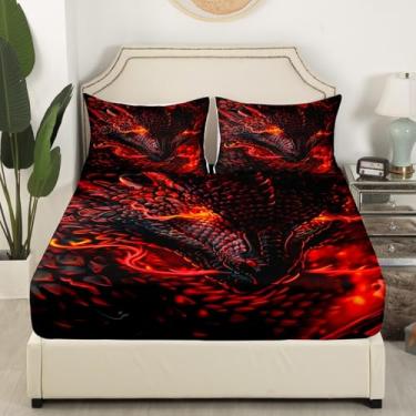 Imagem de Jogo de lençol Queen com dragão 3D, dragão preto, fogo vermelho, ultramacio, respirável, 3 peças, para crianças, adolescentes e meninos
