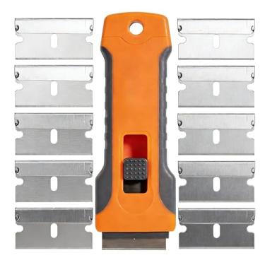 Imagem de Raspador retrátil de lâmina de barbear, raspador de várias superfícies com 10 lâminas de metal para limpeza de vidro do fogão e janelas, laranja