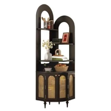 Imagem de Prateleira de canto francês, estante vintage de madeira maciça triangular em forma de leque, estante para sala de estar (preto)