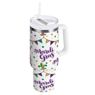 Imagem de Blueangle Copo isolado de 850 g Mardi Gras Confetti Dots com alça e tampa de palha, caneca de viagem reutilizável de aço inoxidável (606)