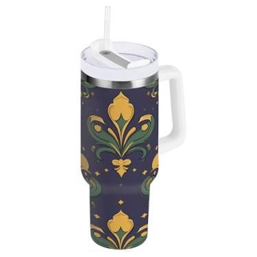 Imagem de Blueangle Copo isolado para Mardi Gras de 1,134 g com alça e tampa de palha, caneca de viagem reutilizável de aço inoxidável (68)