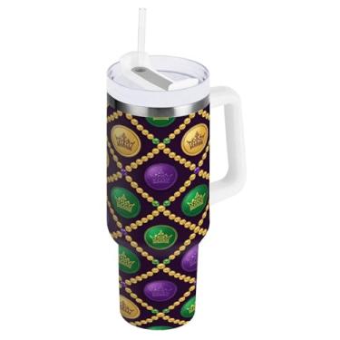 Imagem de Blueangle Copo isolado de 1,134 g Coroas de Mardi Gras com alça e tampa de palha, caneca de viagem reutilizável de aço inoxidável (614)