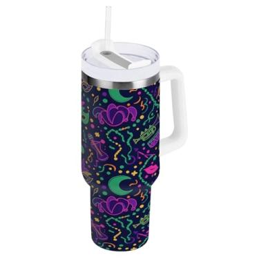 Imagem de Blueangle Copo isolado de carnaval de 850 g com alça e tampa de palha, caneca de viagem reutilizável de aço inoxidável (468)